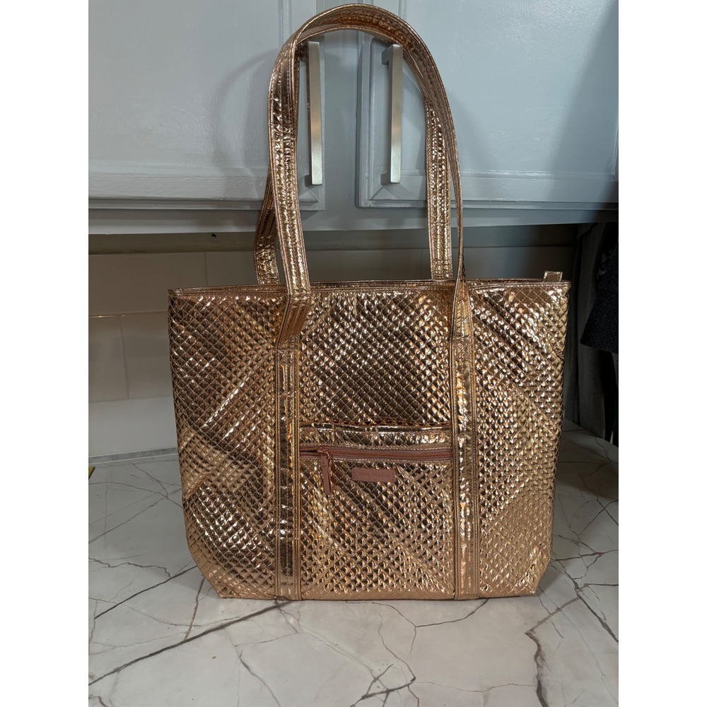 Vera Bradley Rose Gold Metallic Quilted Tote Bag Zip Top Floral Leopard Lining